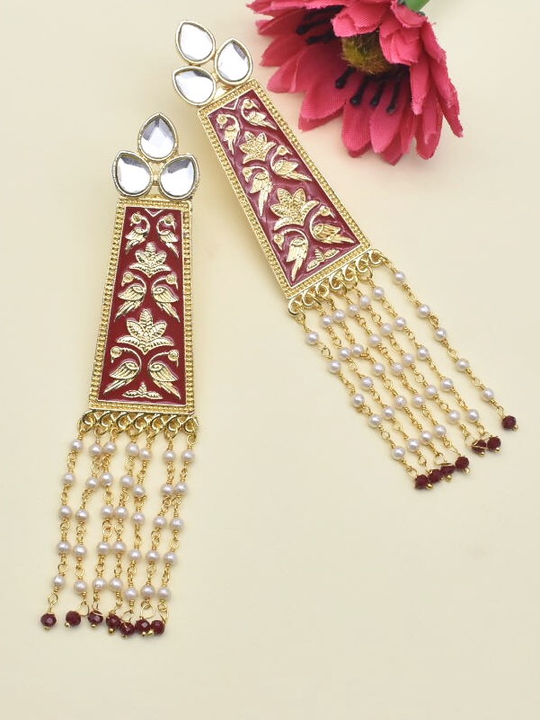 Red & Gold Enameled- Kundan Studded Earrings