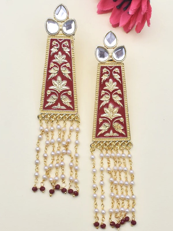 Red & Gold Enameled- Kundan Studded Earrings