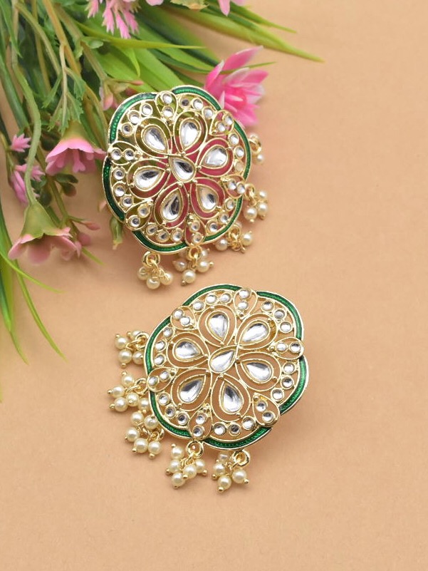 Gold Plated Carved Kundan Embellished Earrings