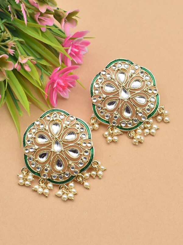 Gold Plated Carved Kundan Embellished Earrings